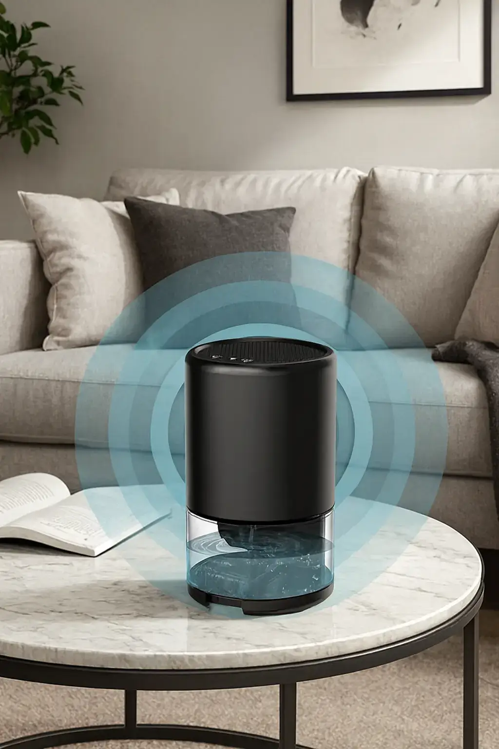 The Qinux dehumipur operating quietly on a side table in a living room, demonstrating its suitability for everyday home environments.
